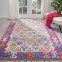 5’ x 7’ Ivory and Magenta Tribal Pattern Area Rug
