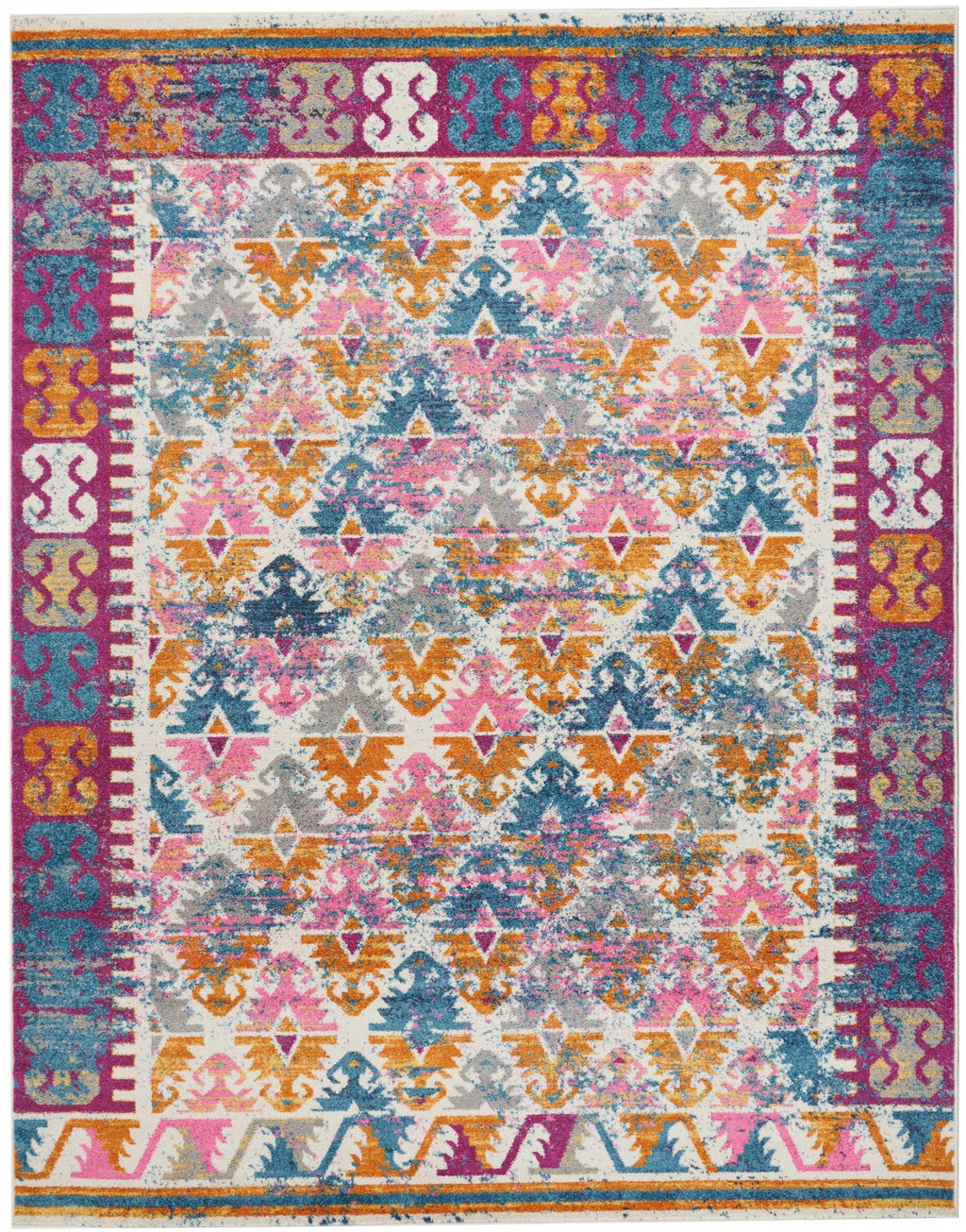 8’ x 10’ Ivory and Magenta Tribal Pattern Area Rug