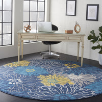 8’ Round Blue Tropical Flower Area Rug