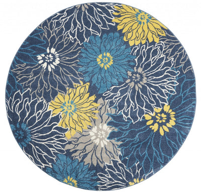 8’ Round Blue Tropical Flower Area Rug