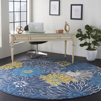 8’ Round Blue Tropical Flower Area Rug