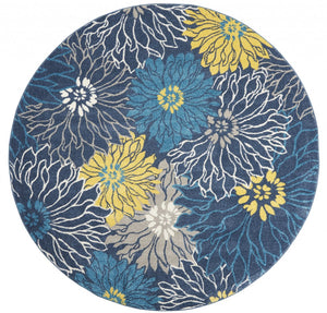 8’ Round Blue Tropical Flower Area Rug