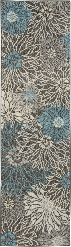 2’ x 8’ Charcoal and Blue Big Flower Runner Rug