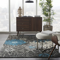 4’ x 6’ Charcoal and Blue Big Flower Area Rug