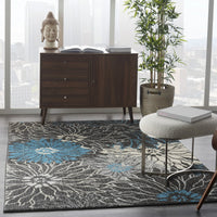 5’ x 7’ Charcoal and Blue Big Flower Area Rug