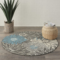 5’ Round Charcoal and Blue Big Flower Area Rug