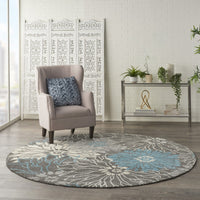 8’ Round Charcoal and Blue Big Flower Area Rug