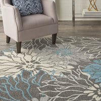 8’ Round Charcoal and Blue Big Flower Area Rug