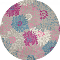 8’ Round Gray and Pink Tropical Flower Area Rug