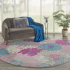 8’ Round Gray and Pink Tropical Flower Area Rug