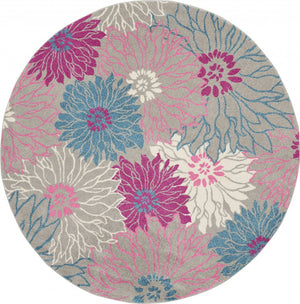 8’ Round Gray and Pink Tropical Flower Area Rug