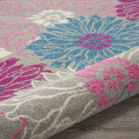 8’ Round Gray and Pink Tropical Flower Area Rug