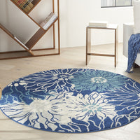 5’ Round Navy and Ivory Floral Area Rug