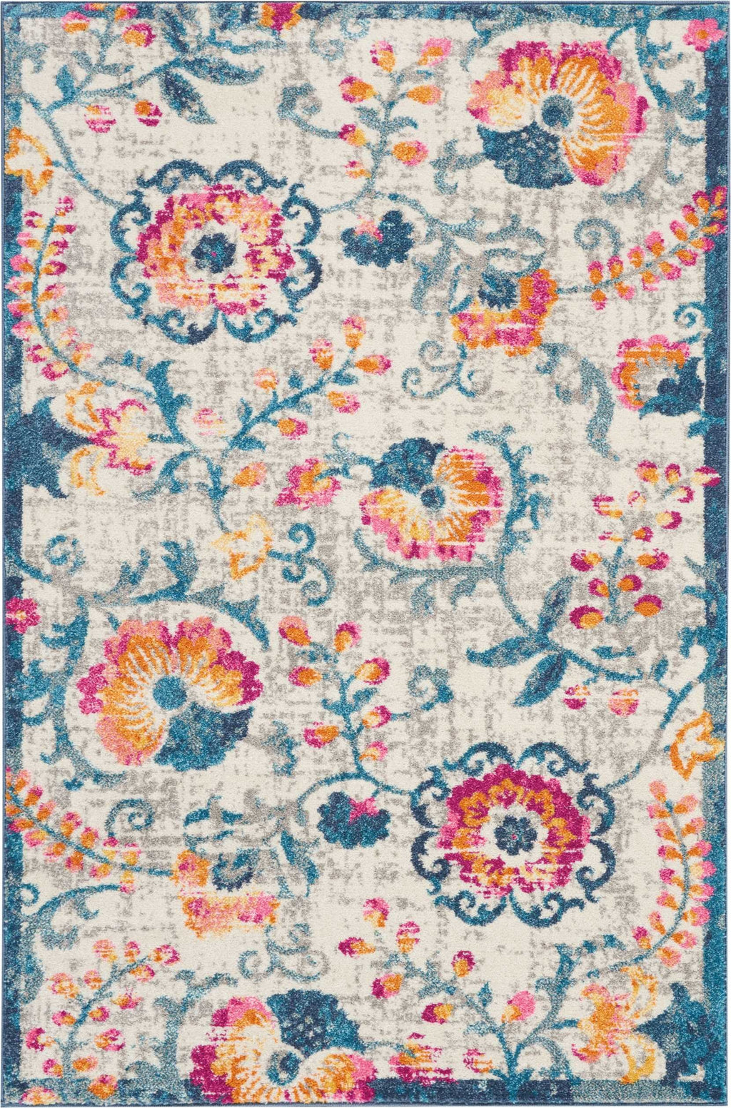 4’ x 6’ Ivory and Blue Floral Vines Area Rug