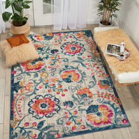 5’ x 7’ Ivory and Blue Floral Vines Area Rug