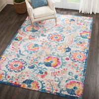 7’ x 10’ Ivory and Blue Floral Vines Area Rug