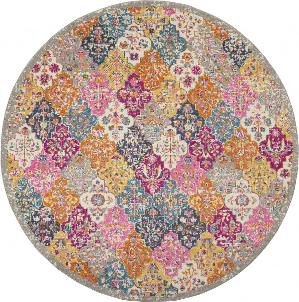 8’ Round Muted Brights Floral Diamond Area Rug