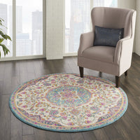 5’ Round Pink and Blue Floral Medallion Area Rug