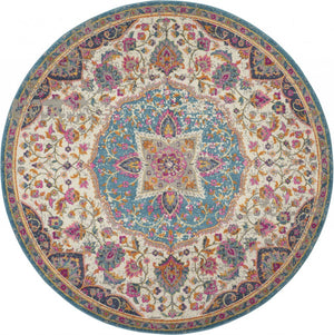 5’ Round Pink and Blue Floral Medallion Area Rug