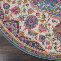 5’ Round Pink and Blue Floral Medallion Area Rug