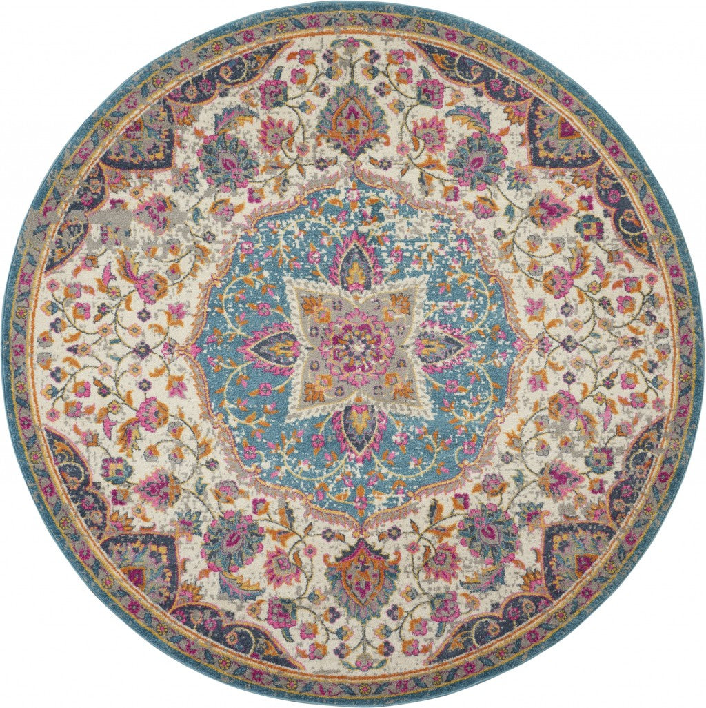 8’ Round Pink and Blue Floral Medallion Area Rug