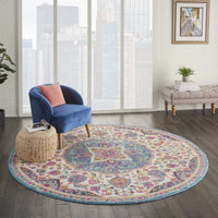 8’ Round Pink and Blue Floral Medallion Area Rug