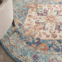 5’ Round Ivory and Light Blue Distressed Area Rug