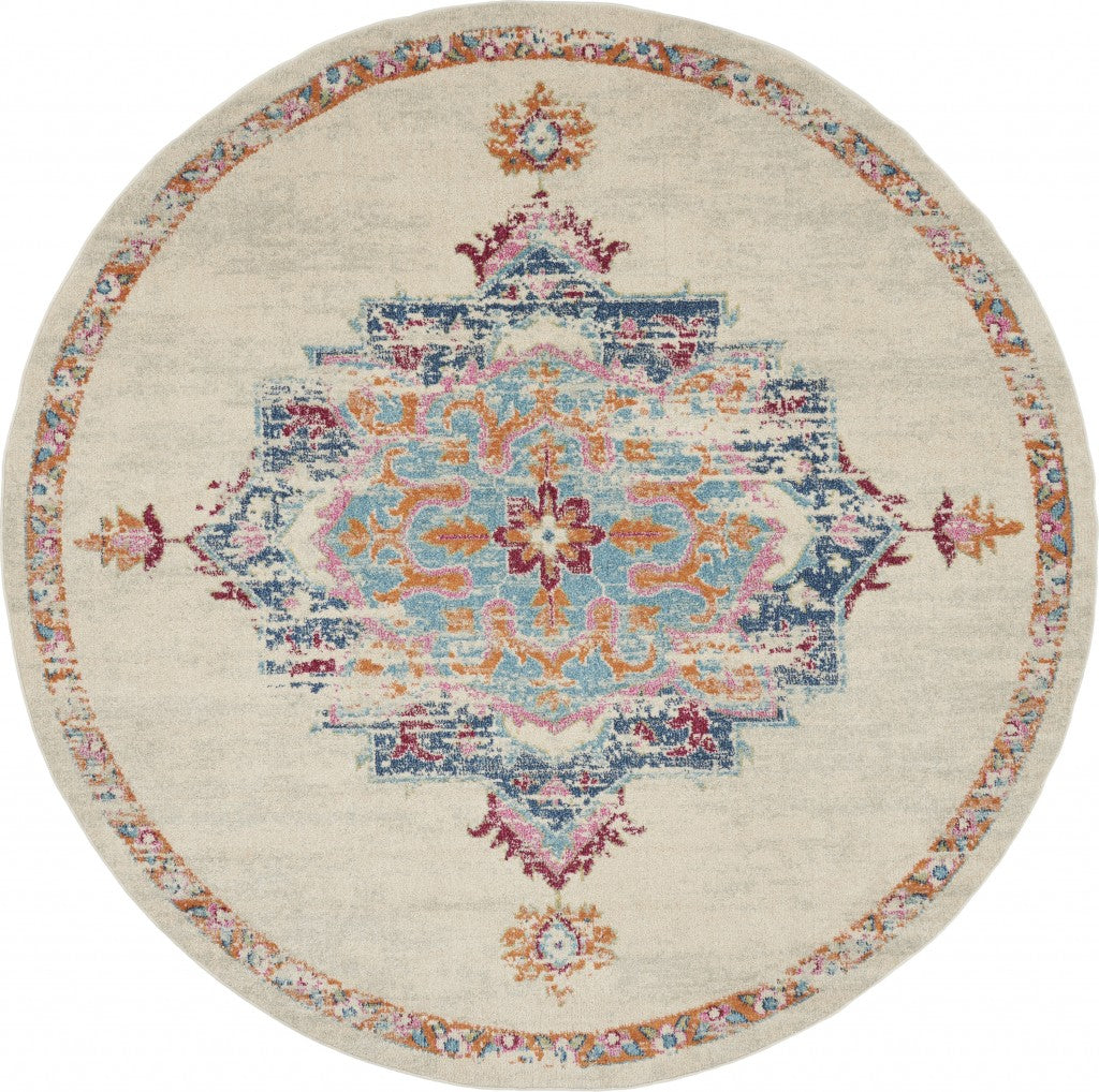 8’ Round Gray Distressed Medallion Area Rug