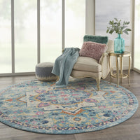 8’ Round Light Blue and Ivory Distressed Area Rug