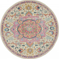 5’ Round Ivory and Pink Medallion Area Rug