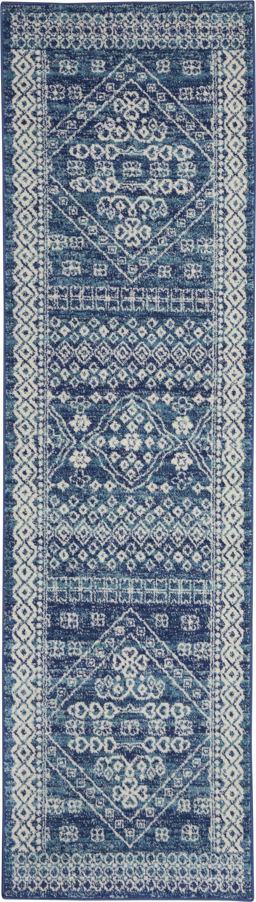 2’ x 8’ Navy Blue and Ivory Persian Motifs Runner Rug