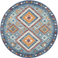 5’ Round Blue and Multi Diamonds Area Rug