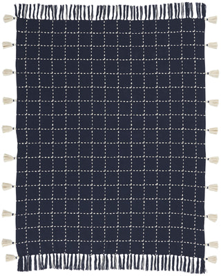 Navy And White Stitched Square Pattern Cotton Throw Blanket