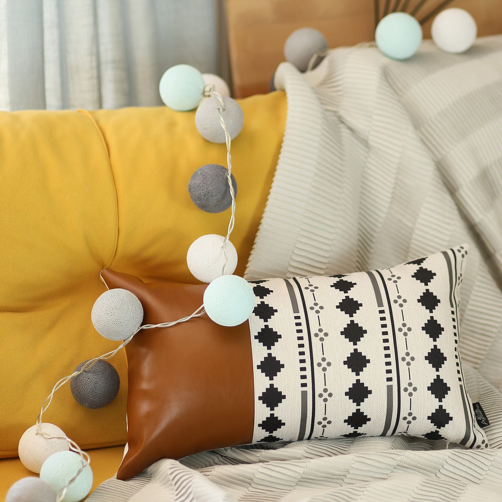 Geometric Patterns and Brown Faux Leather Lumbar Pillow Cover