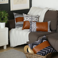 Black and White Geometric Patterns and Faux Leather Lumbar Pillow Cover