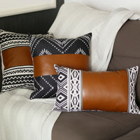 Black and White Geometric Patterns and Faux Leather Lumbar Pillow Cover