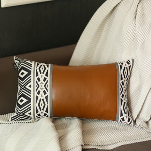 Black and White Geometric Patterns and Faux Leather Lumbar Pillow Cover