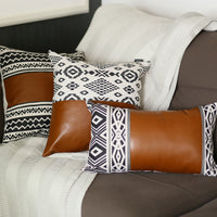 Black and White Geometric Patterns and Faux Leather Lumbar Pillow Cover