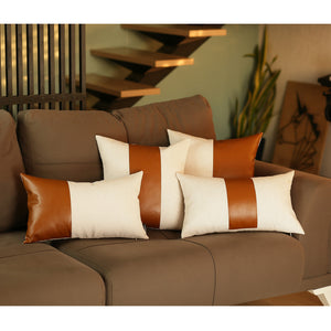 White and Brown Faux Leather Lumbar Pillow Cover