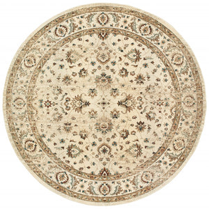 8’ Round Ivory and Gold Distressed Indoor Area Rug