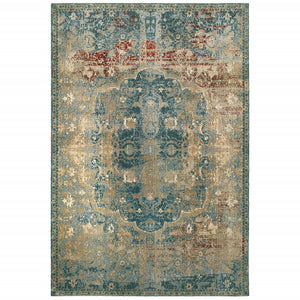 4’ x 6’ Sand and Blue Distressed Indoor Area Rug