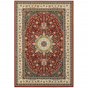 9' x 12' Red Ivory Machine Woven Oriental Indoor Area Rug