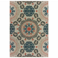 9' x 12' Grey Blue Machine Woven Floral Indoor or Outdoor Area Rug