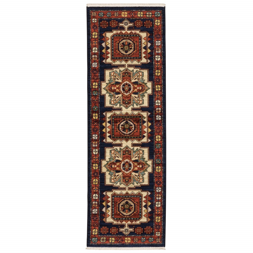 12' Red Blue Machine Woven Oriental Indoor Runner Rug