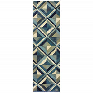 8' Blue Grey Machine Woven Geometric Indoor Runner Rug