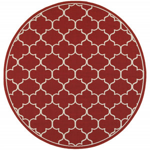 8’ Round Red and Ivory Trellis Indoor Outdoor Area Rug