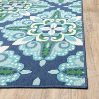 2’x8’ Blue and Green Floral Indoor Outdoor Runner Rug