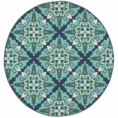 8’ Round Blue And Green Floral Indoor Outdoor Area Rug