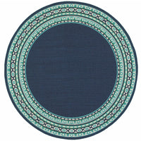 8’ Round Navy and Green Geometric Indoor Outdoor Area Rug