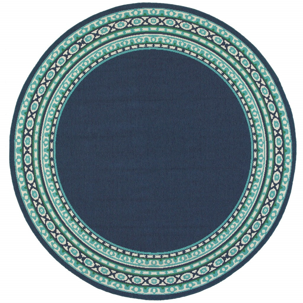 8’ Round Navy and Green Geometric Indoor Outdoor Area Rug